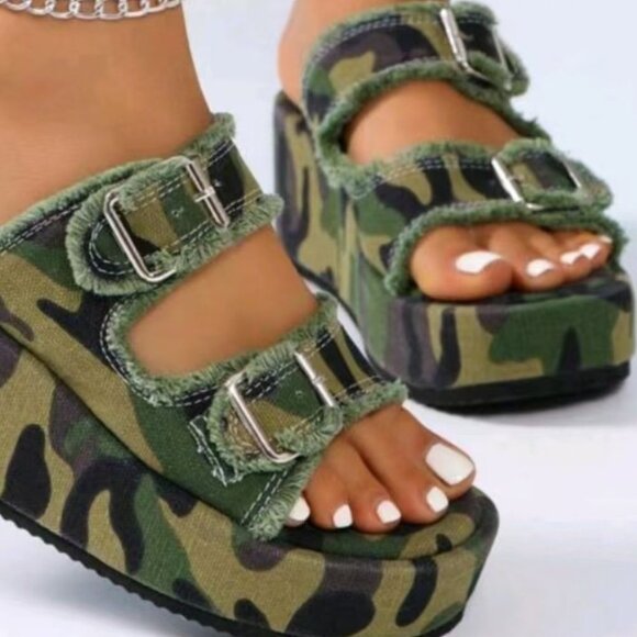 Shoes - Raw Hem Wedge Buckle Sandals